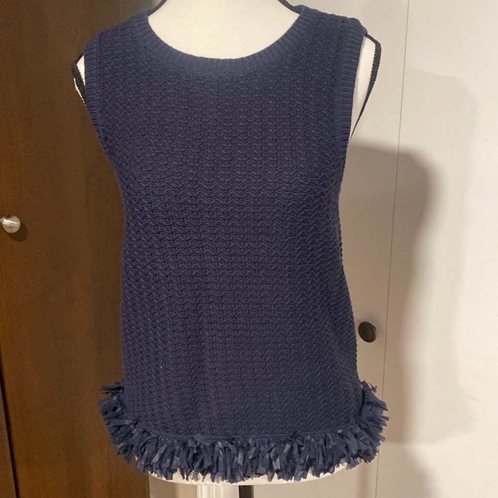 Ann Taylor Navy Textured Knit Sleeveless Fringe Hem Sweater